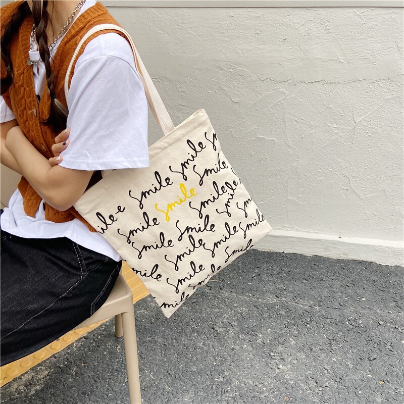 Einkaufstasche aus canvas mit smiley-schriftzug, große schultertasche aus baumwollstoff für damen, strandtasche