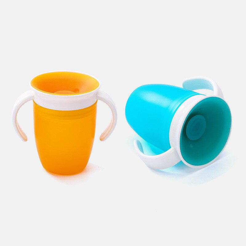 Botella de alimentación de agua mágica para niños, 360 grados, a prueba de fugas, girada, copa de plástico para beber, con tapa abatible de doble mango