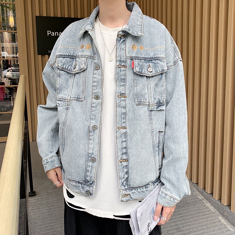 Spring and autumn teenagers denim jacket men loose casual all-match hip hop embroidery Korean youth handsome jacket