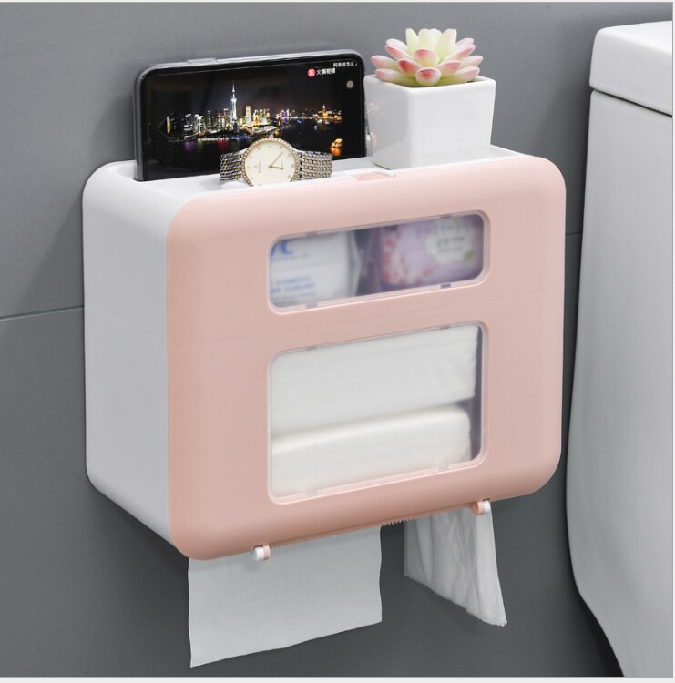 Vandtæt toiletpapirholder til toiletpapir håndklædeholder badeværelse dispenser opbevaringsboks toiletrulleholder vægmonteret: Lyserød
