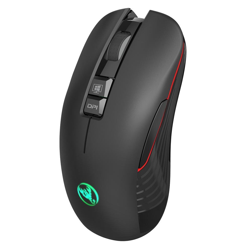 HXSJ-ratón inalámbrico T30 para juegos, Mouse negro con retroiluminación ajustable de 7 colores, 3600 DPI, recargable con adaptador de TYPE-C