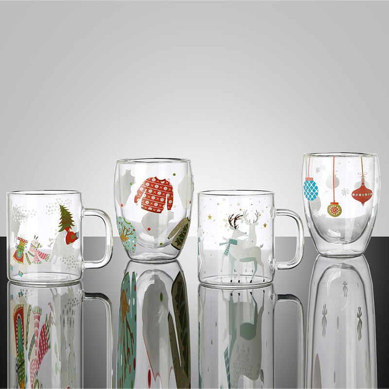 Jultryck glas mugg handtag dubbelskikt isolering tjock glas kopp jul dekor muggar hem vatten koppar värmebeständigt