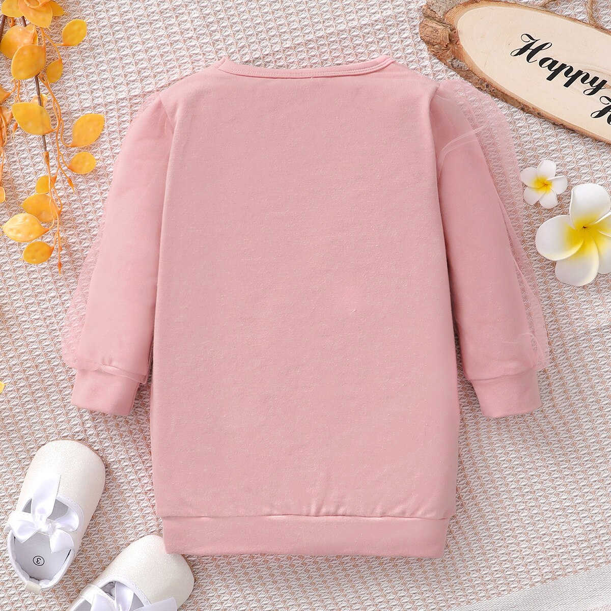 Round Neck Mesh Sleeve Sweater Dress Little Girl’s Dress Casual Yarn Long Sleeve Sweatshirt Dress Children's Clothing