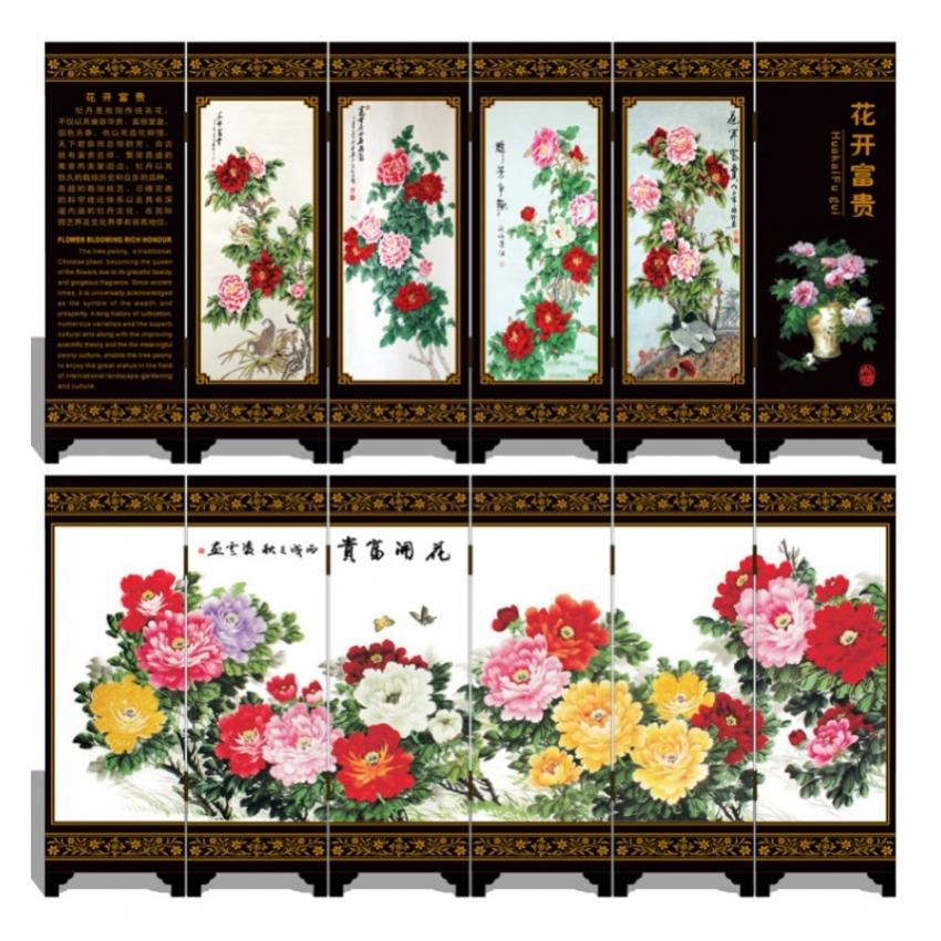Mini foldeskærme 6 sammenføjede paneler dobbeltsidet dekorativt maleri træ byobu 48 x 24cm blomster sort