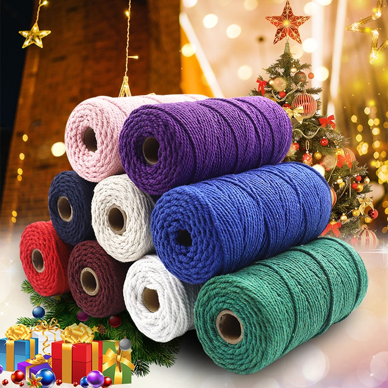 Cordón de Navidad para macramé, 3mm, 100m, cordón de macramé de color de 3 capas, cuerda de algodón suave trenzada de Triple hebra, 100% algodón, Macram DIY