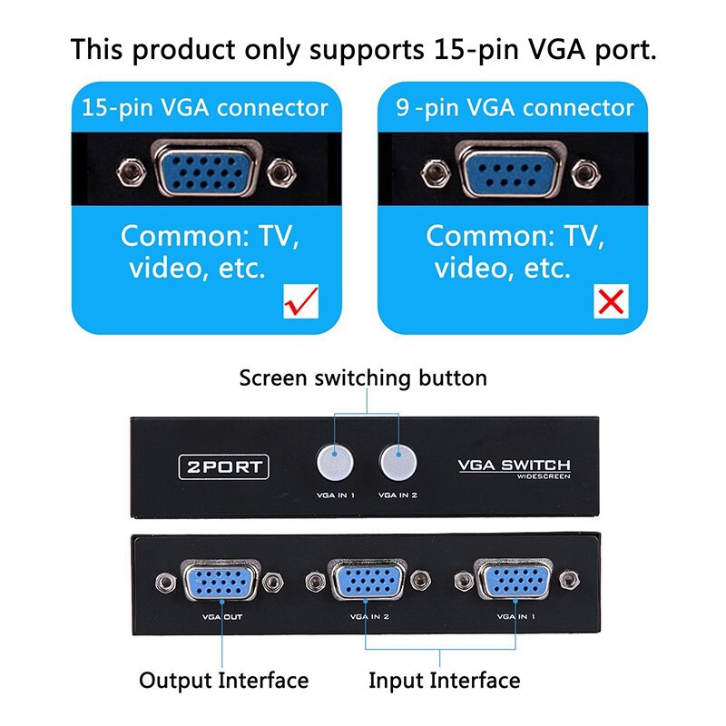 15HDF 2-Port 2 IN 1 OUT Switcher Selector Box Two Way VGA Video Switch for PC Laptop Desktop Monitor TV