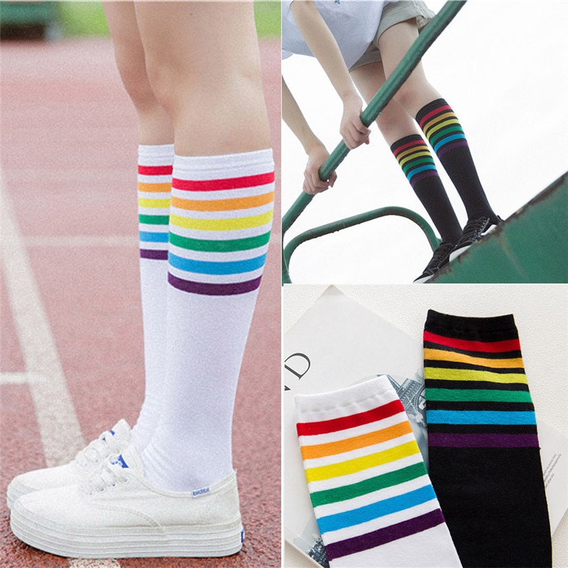 FishSunDay Hohe Socken Über Knie Regenbogen Streifen Mädchen FußBall Sport Socken Schwarz Weiß August16