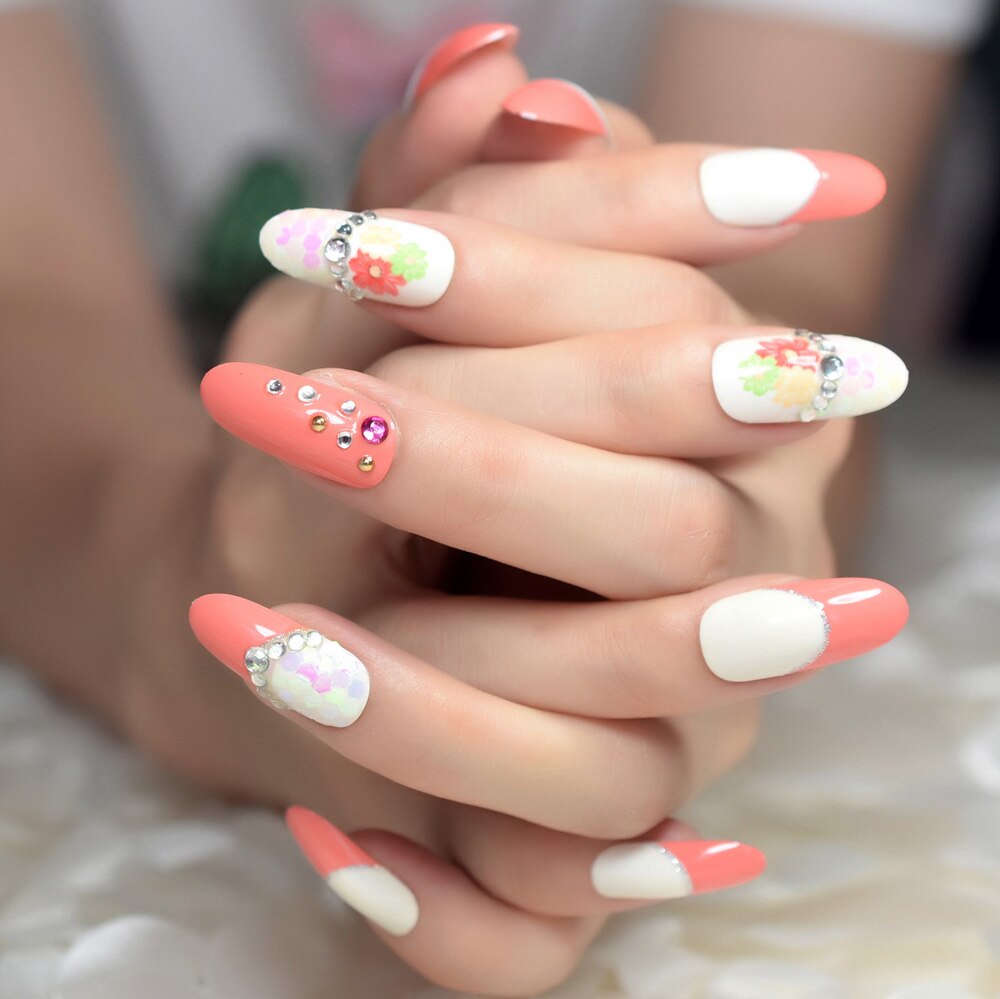 Long rond français acrylique faux ongles blanc Orange fleur faux ongles avec strass décoration presse sur ongles Z949