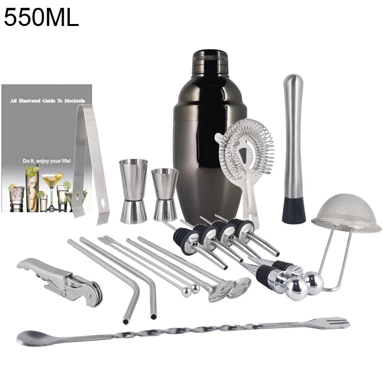 1-22Pcs Boston Cocktail Shaker Bar Gereedschap Wijn Mixer Set Barman Cocktail Shaker Tool Kit Schenker Jigger Warhoofd met Houder: 22 B 550ml No Rack