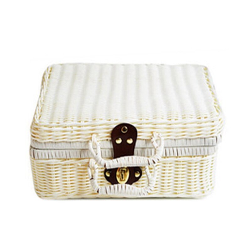 Valise Vintage en rotin Imitation PE, matériel de Protection de l&#39;environnement, boîte de rangement de cosmétiques, boîte de décoration: White