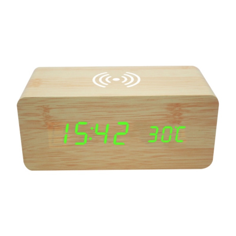 Wood LED Digital Alarm Clock With Phone Wireless Charging Pad Snooze Function Sound Control Adjustable Brightness Alarm Clock: M