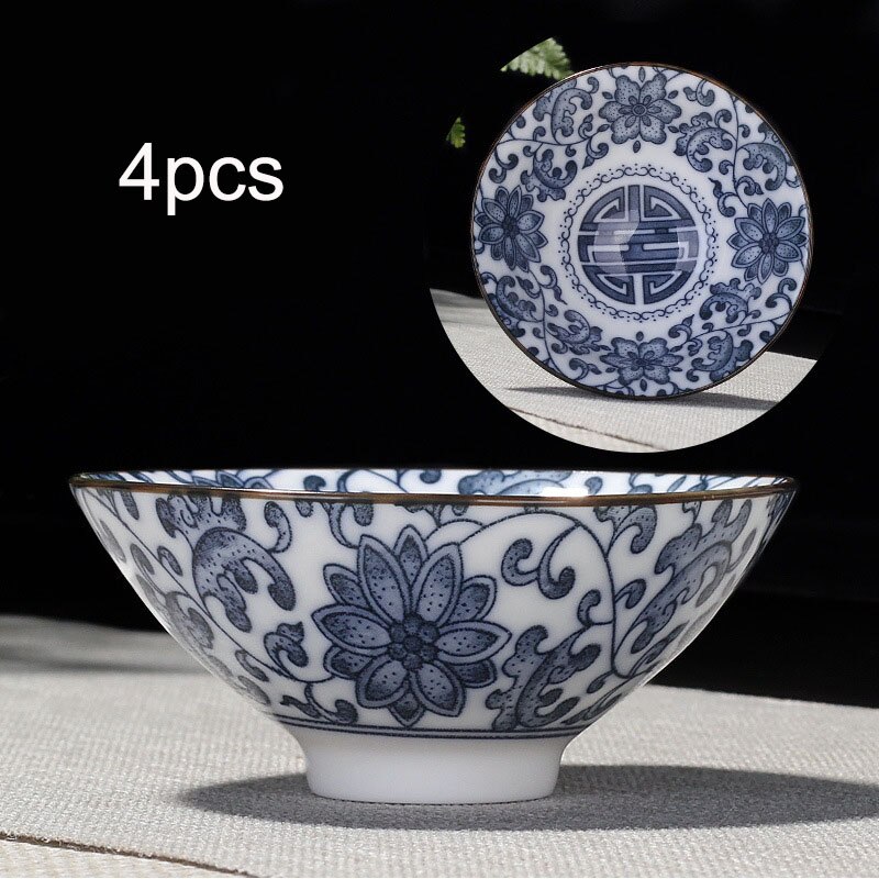 4 Stks/set Blauw En Wit Porselein Kopje Thee, Handgeschilderde Kegel Theekopje, Chinese Stijl Patroon Theekopjes, thee Accessoires Puer Cup Set: 04