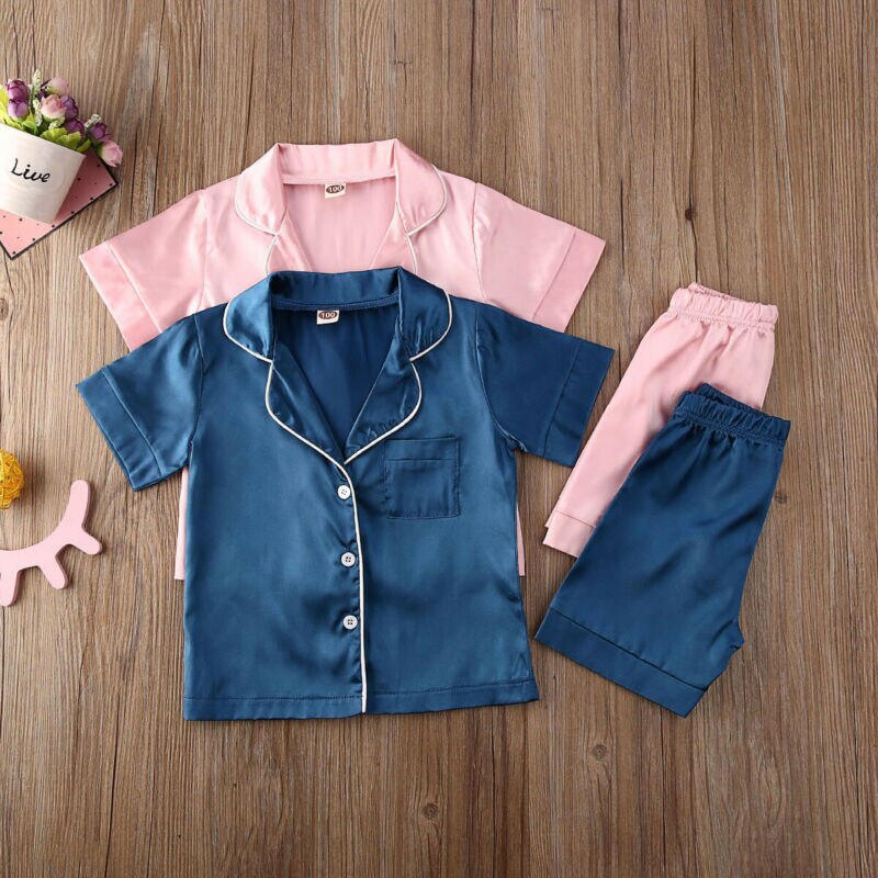 Pyjama en soie pour enfants | Ensemble de vêtements de nuit à manches courtes, chemise + Shorts, rose et bleu, tenue de nuit, 0-6ans,