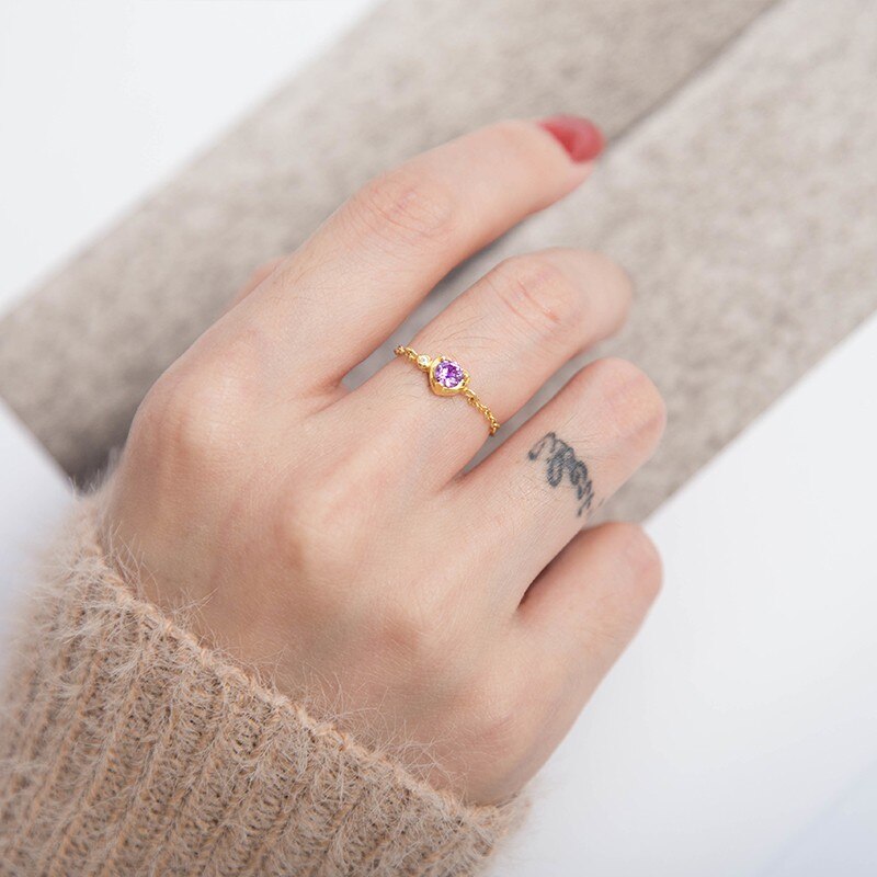 Ruifan Hart Vorm Paars Cubic Zirkoon Verstelbare Ketting Ring met Amethist 925 Zilveren Ringen voor Vrouwen valentijnsdag YRI143