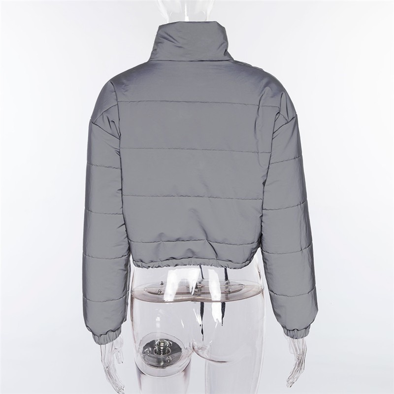 Chaqueta recortada de algodón de gran tamaño a la de invierno gruesa pulóver reflejo de la noche abrigo Ins femenina suelta cremallera prendas de vestir