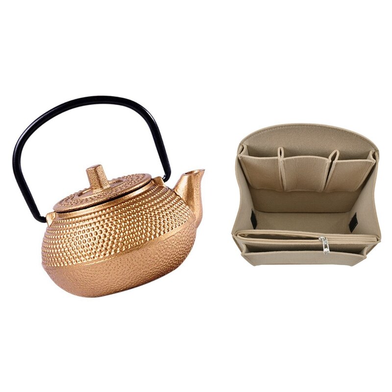 1Pcs Mini Japanese Style Cast Iron Tea Kettle 50Ml & 1Pcs Makeup Bag Insert Travel Organizer Felt Bag