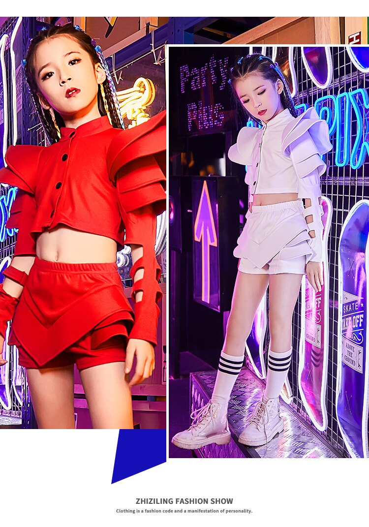 Traje de baile de Jazz para niñas, Conjunto blanco roja de Hip Hop, traje de baile callejero moderno, espectáculo de pasarela