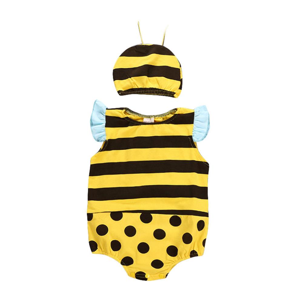 Barboteuse Triangle sans manches pour bébé, unisexe, Costume de petite abeille, garçon et fille, manches à volants, tenue d'animal avec chapeau, été