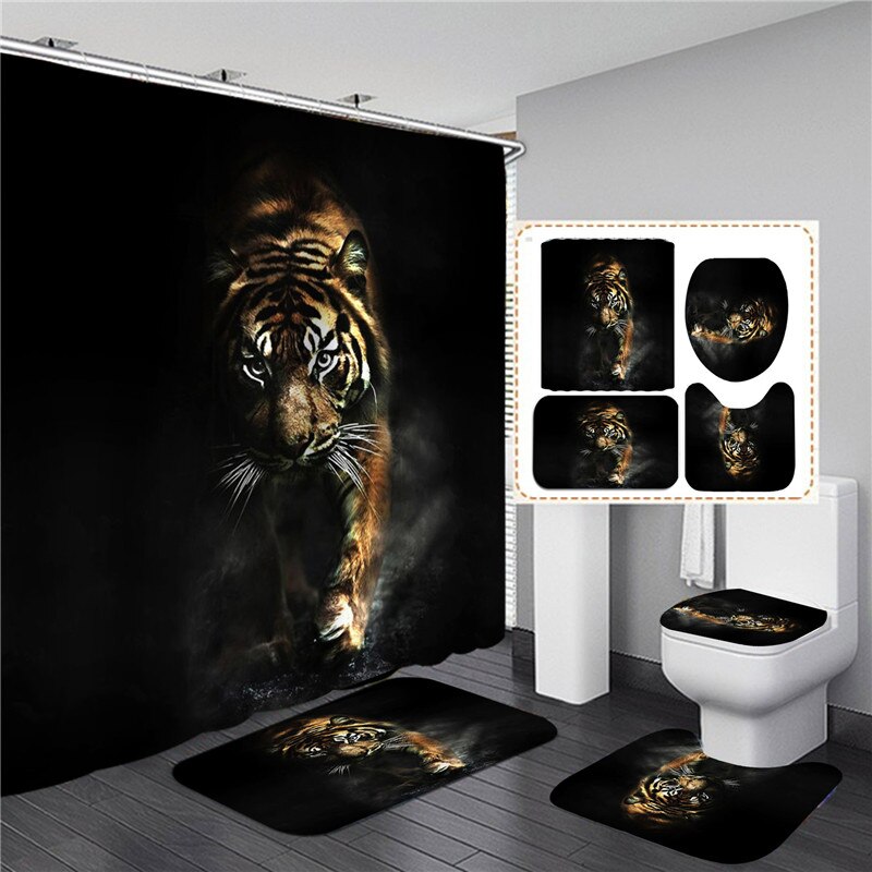 Ensemble de rideau de douche avec tapis, motif animaux, tigre, Lion, imperméable, écran de bain, antidérapant, couvercle de toilette, décor de salle de bain