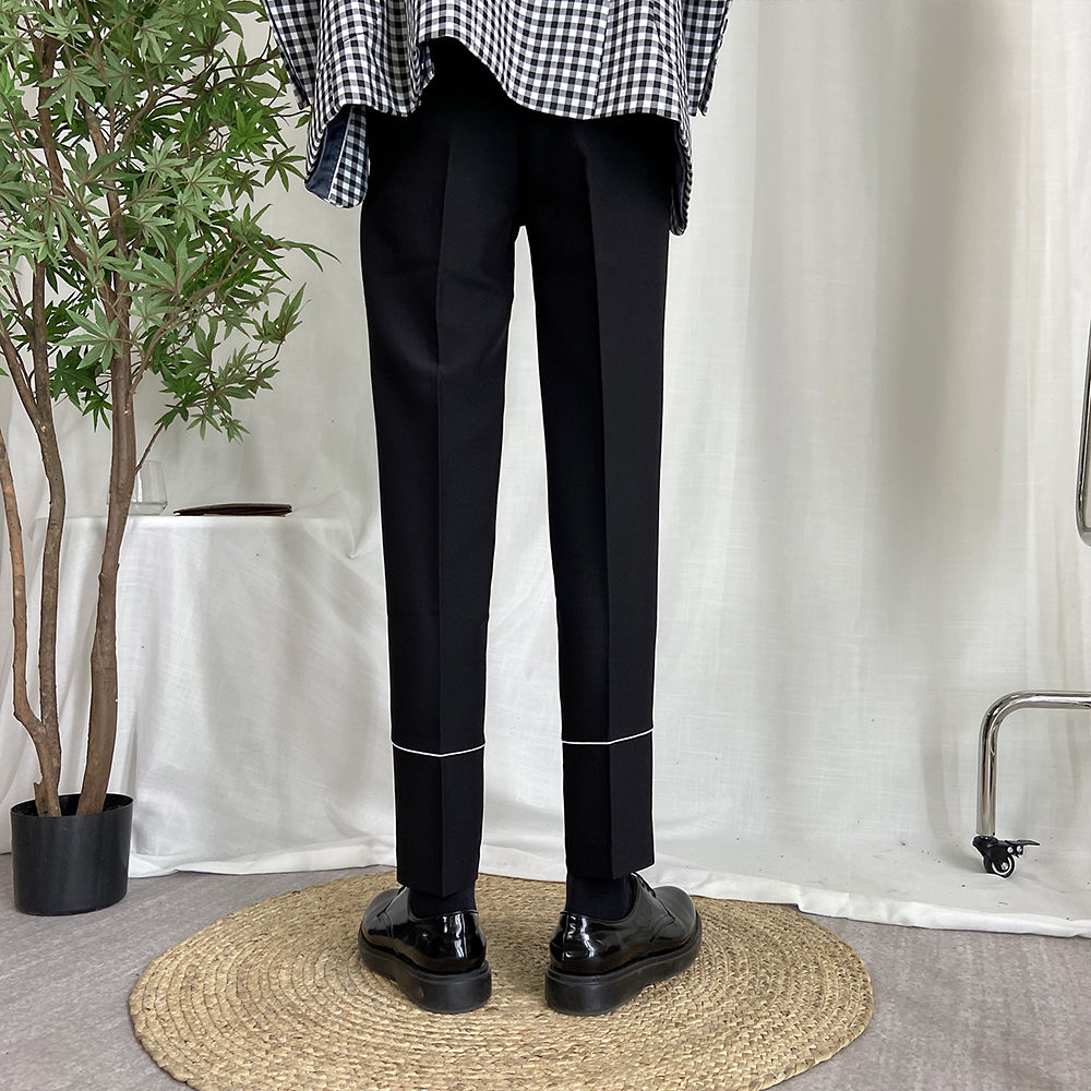 Pantalones de vestir coreanos ajustados para hombre, pantalón informal de Color puro, cinta a rayas, para oficina, Color negro, Primavera
