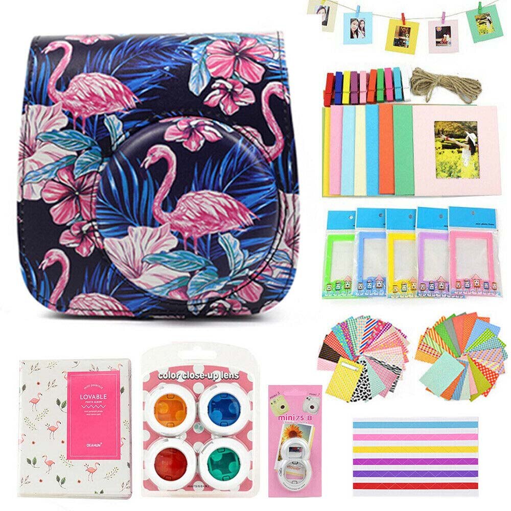 Fujifilm Instax Mini Case Bag Camera Accessories Kit Photo Album Lens Filters Stickers For Instax Mini 8 Mini 9 Instant Camera: Flamingo Retro