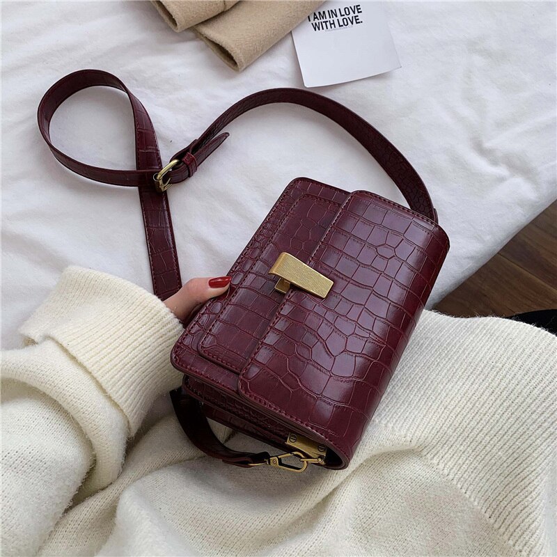 Simple Women's Handbag PU Leather Women Messenger Bag Alligator Shoulder Crossbody Bags Black: Red