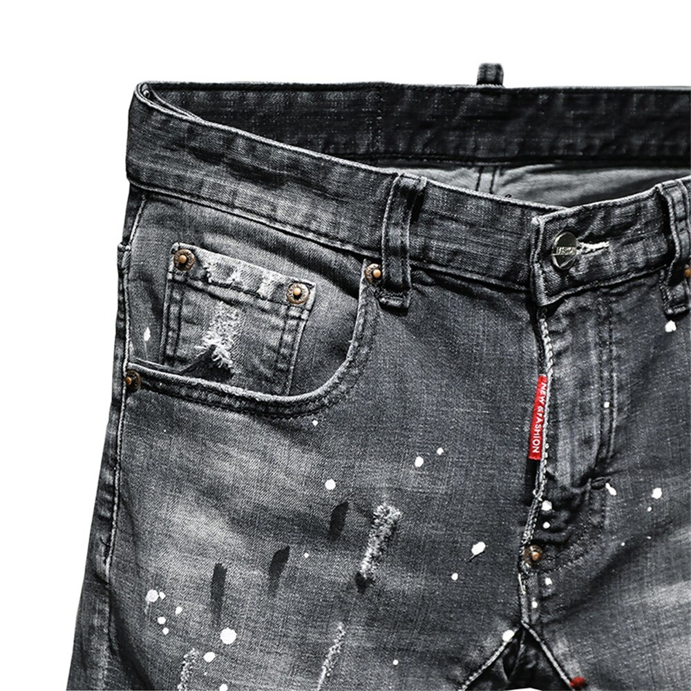 EH·MD® Ripped Hole Jeans Men's Paint Dots Ink Splattered Soft Cotton High Elastic Leather Label Black Grey Slim Pants Red Ears