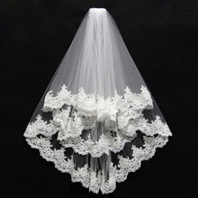 Velo de novia corto con peine de encaje, borde con apliques, velo de boda de tul de dos capas, 75 CM, accesorios de longitud del codo