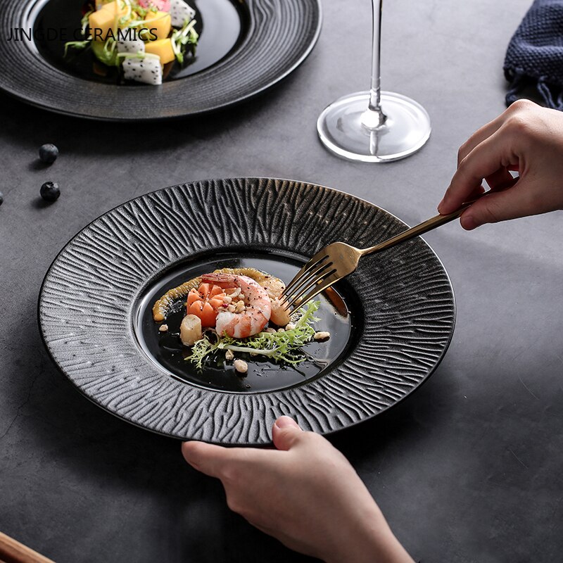 Plato redondo de cerámica para comida occidental, mueble de cocina para el hogar, bandeja para sopa y fideos, , blanco y negro