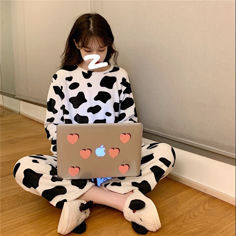 Pyjama dames herfst/winter pluche schattige koeienprint patroon warme lange mouwen pyjama huiskleding set