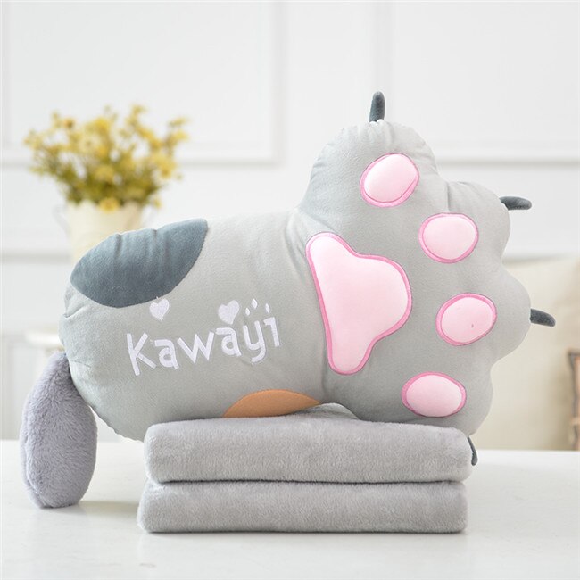 Simulation dejlig kat klo pude med tæppe sød plys legetøj pude sove sofa tæppe pige kid kawaii: Grå