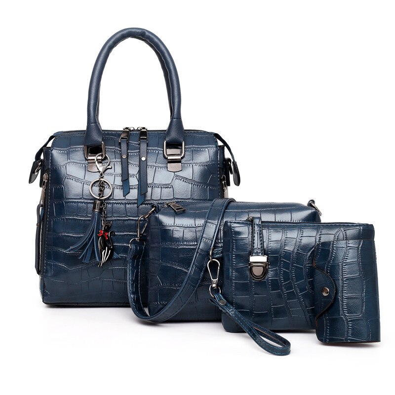 SMOOZA 4PS femmes sacs ensemble de luxe Crocodile femme sacs à main en cuir PU sacs à bandoulière gland Composite sacs sac de messager: Bleu