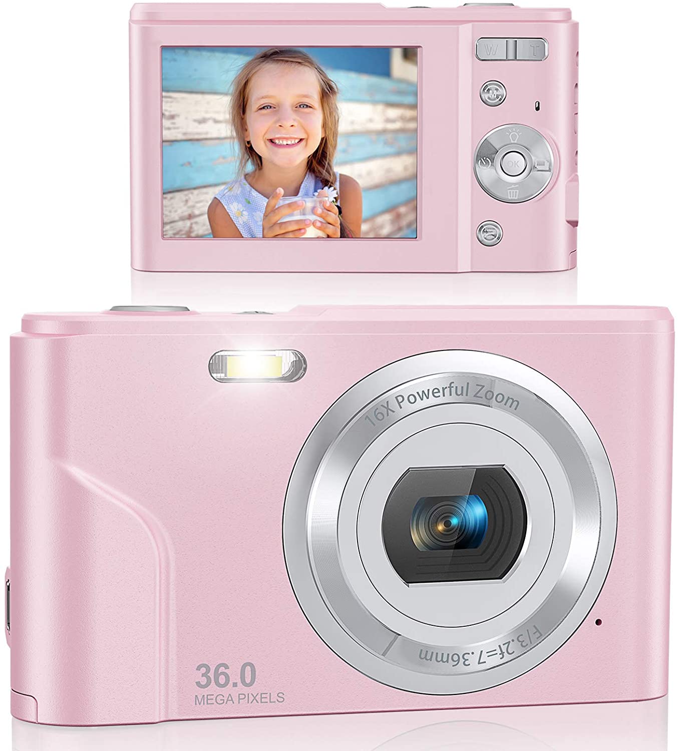 Digital Camera 36.0MP Vlogging Camera 16X Digital Zoom LCD Screen Compact Portable Mini Cameras for Students, Teens,: pink
