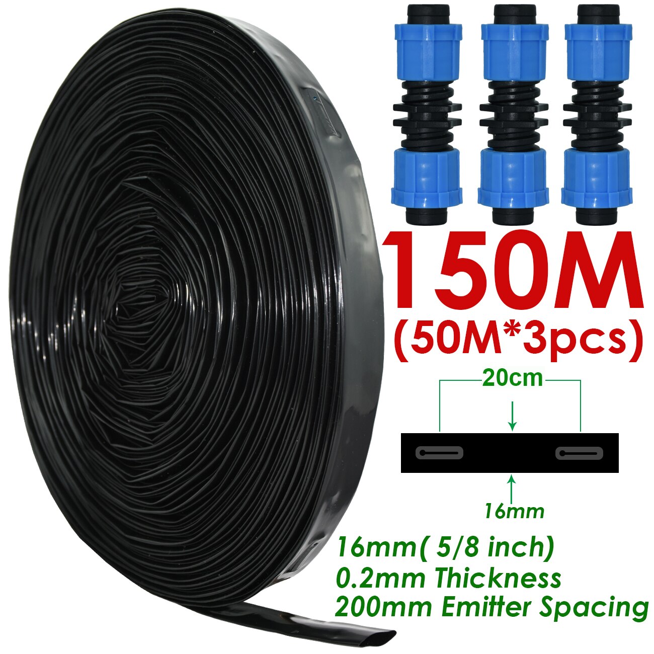 Ruban d'égouttement d'irrigation pour serre et jardin, 20-150m, 16mm, 8mil, 0.2mm, épaisseur 20cm, espacement de l'émetteur et du goutteur, 5/8 en effet, connecteur de tuyau: Bleu