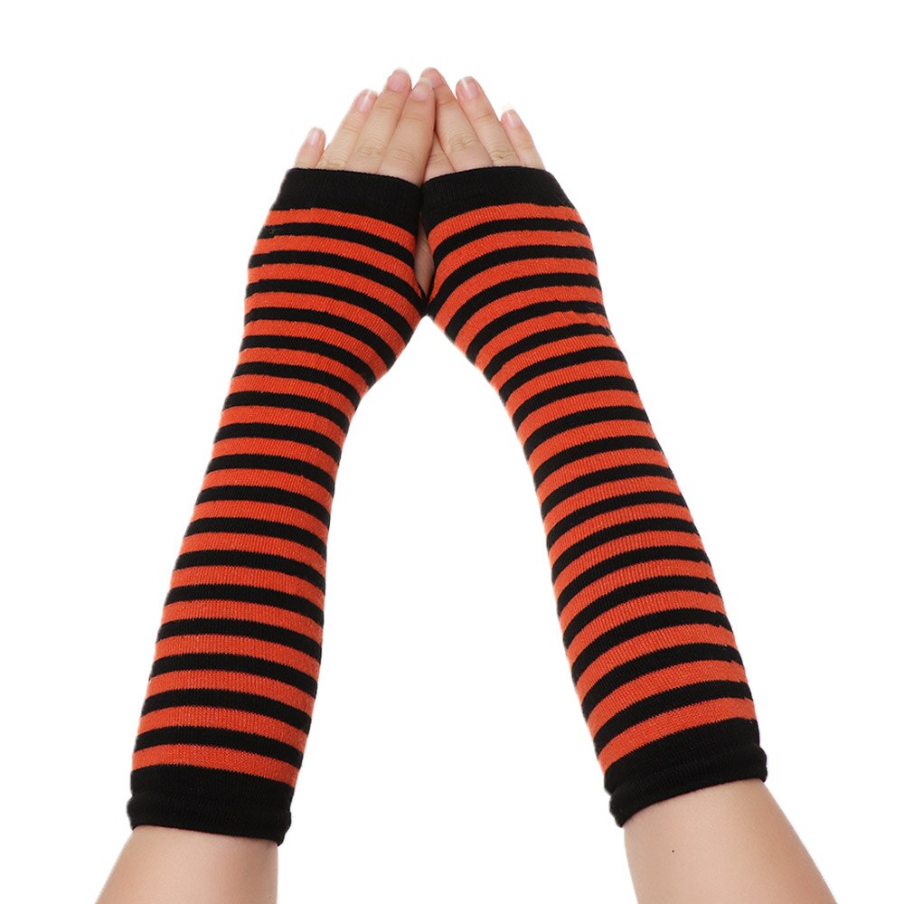 1Pair Girls Wristband Arm Cover Long Sleeve Women Cotton Classic Fingerless Long Glove Soft Striped Elbow Mitten Knitted Gloves: 11