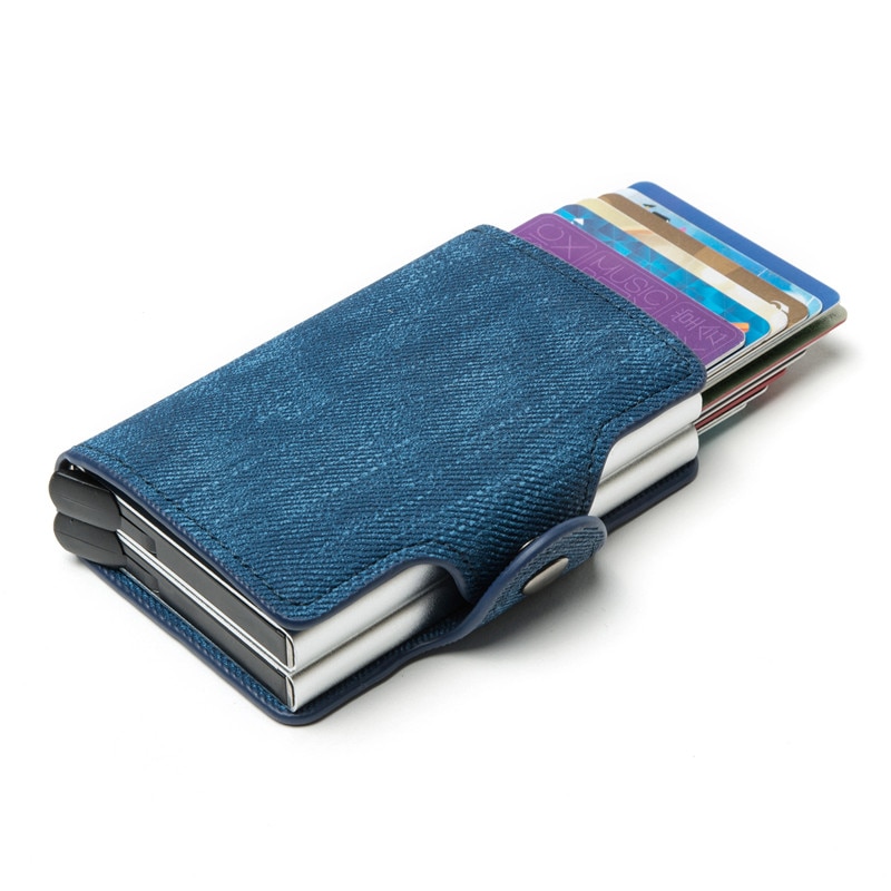 BISI GORO Anti-theft Double Boxes Wallet RFID Blocking Card Holder Denim Business Pop-up Metal ID Case