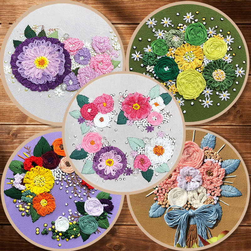 DIY Flower Embroidery Kit for Beginner with Hoop Cross Stitch Set Needlework Handmade Sewing Art Craft Painting Home Decor