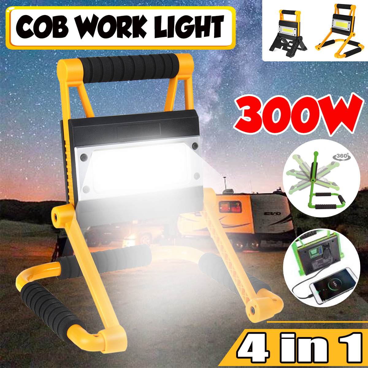 Lámpara de trabajo COB de 300W, linterna LED portátil, impermeable, de 4 modos, foco portátil de emergencia, reflector recargable para luz de Camping