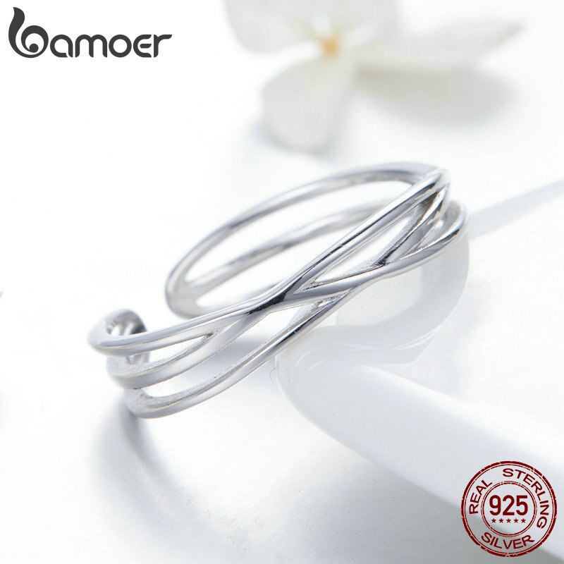 BAMOER Authentische 925 Sterling Silber Geometrische verdrehte Welle Öffnen Größe Finger Ringe Frauen Hochzeit Engagement Schmuck SCR483