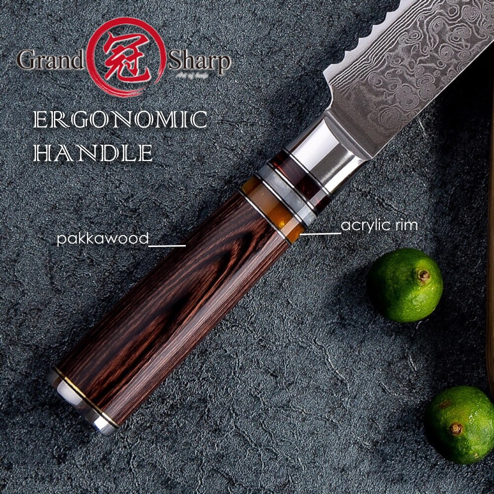 Damascus Kitchen Knives vg10 Japanese Damascus Steel Bread Knife Cake Slicing Bakery Tools Serrated Stainless Damascus Blade