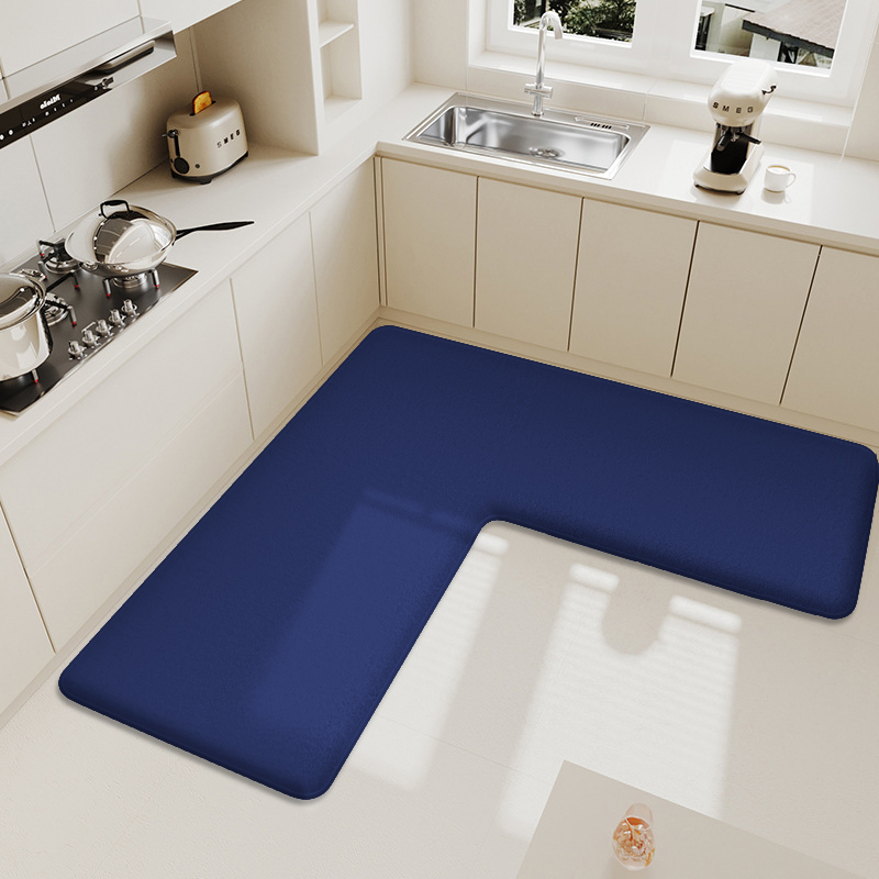Thickened L-shaped kitchen dirt-resistant flannel water-absorbent and oil-absorbent mat non-slip soft carpet: See below for size descriptions / Blue