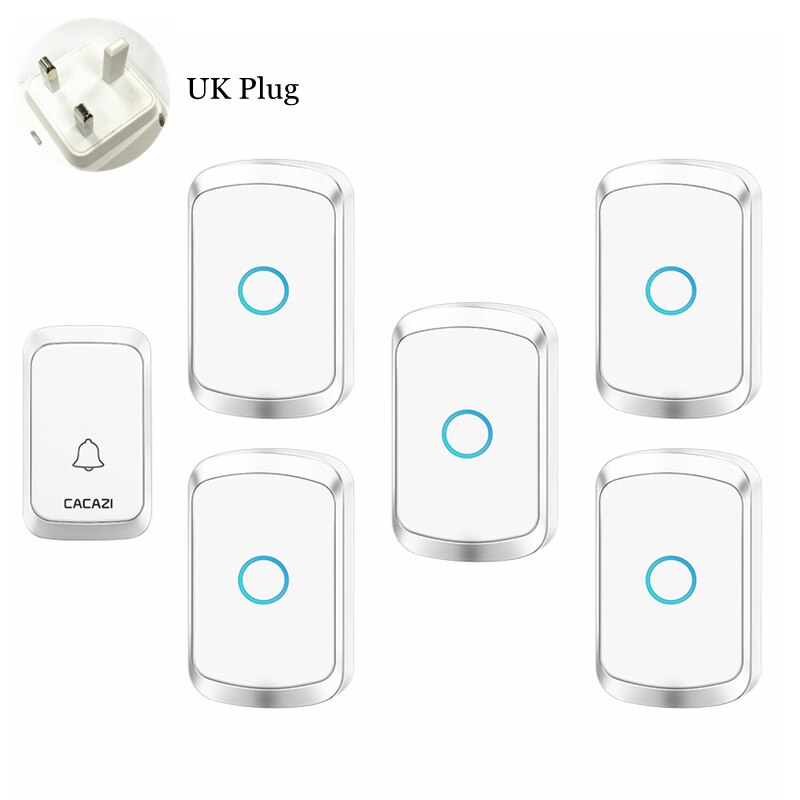 CACAZI Smart Wireless Door Bell Waterproof 1 Transmitter 5 Receiver US EU UK AU Plug Battery Home Bell Chime Wireless Ring Bell: white 1x5 UK
