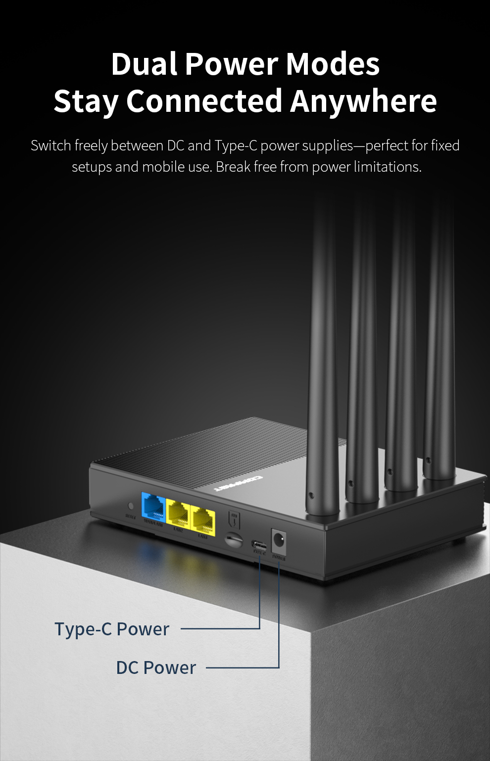 Router comfast mini 4g lte wi-fi 6 300 mb/s, modem bezprzewodowy, zasilanie typu c/dc, 4 anteny, karta sim cpe, hotspot, wtyczka eu