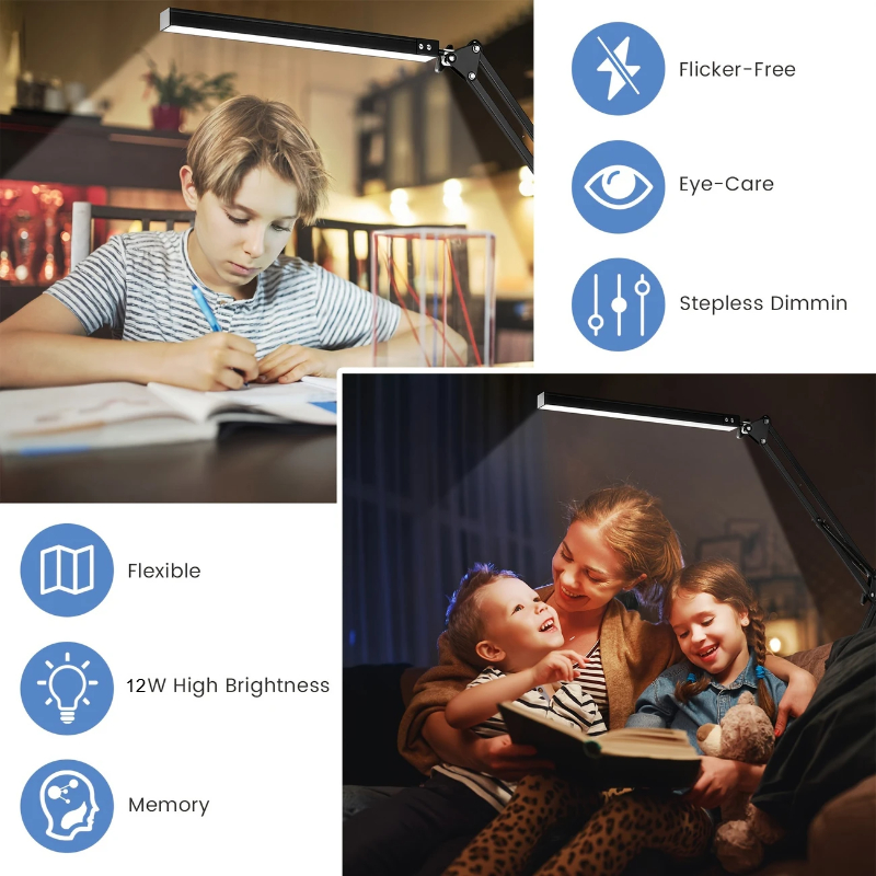 Lâmpada de mesa led com braçadeira, lâmpada de mesa de 3 cores com braço oscilante ajustável, luz de mesa moderna para cuidados com os olhos, escritório doméstico, artesanato, costura