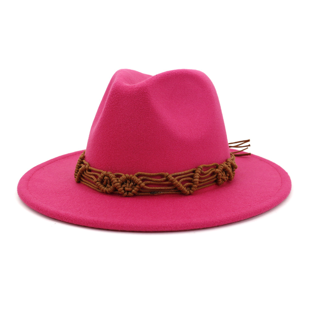 HanXi Women Hat Wool Fedoras Felt Hat Flat Brim Cap Twist Band: rosepink
