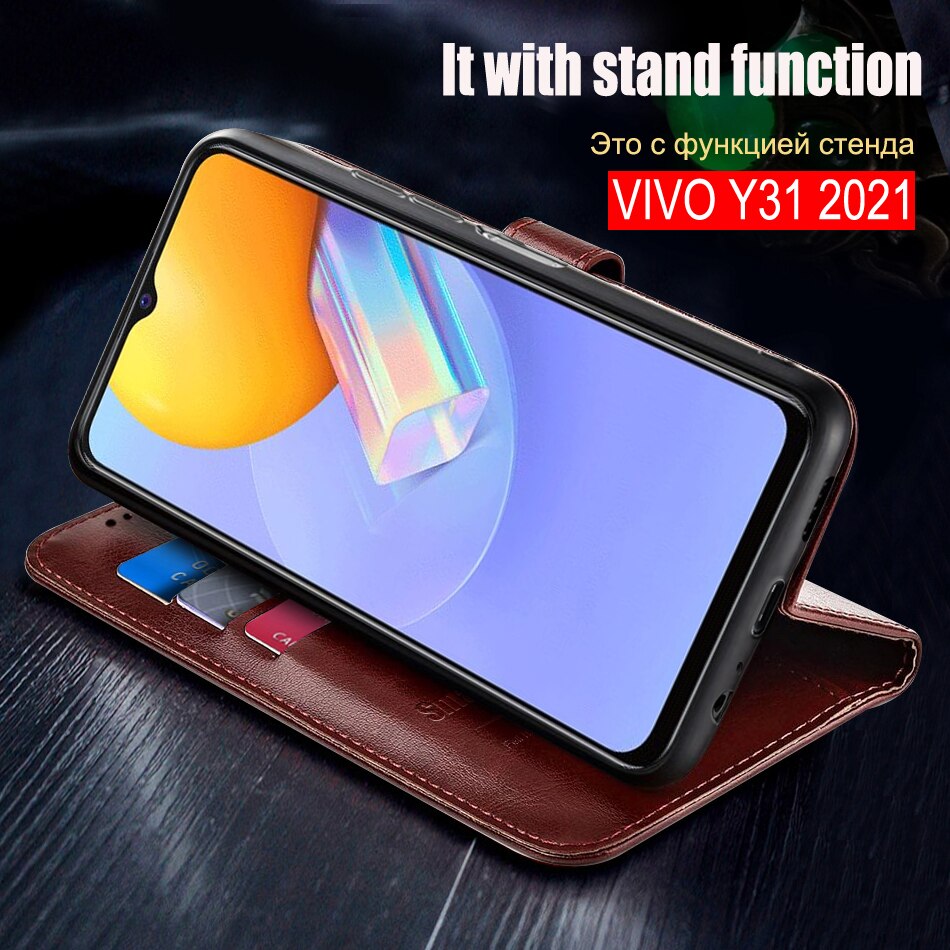 Capa tipo carteira de couro para vivo y31, estojo protetor para celular vivo y31 2021