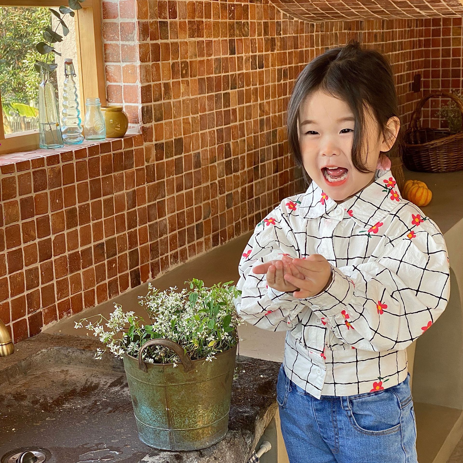 9927B Meisje Kleding Bloemen Shirts Koreaanse Voorjaar 2022 Revers Meisjes Shirts Korte Gedrukt Katoen Kid 'S Tops 1-7Year Meisje blouse