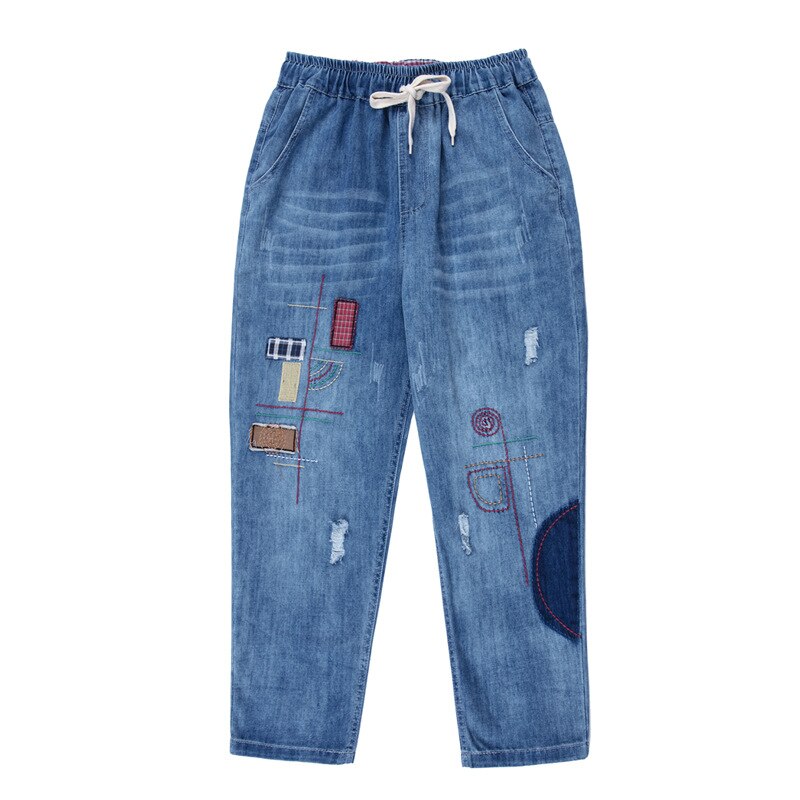 Pantalones vaqueros holgados para mujer, ropa de calle con bolsillo bordado, harén, informales, de cintura elástica, de algodón, Otoño, 9268