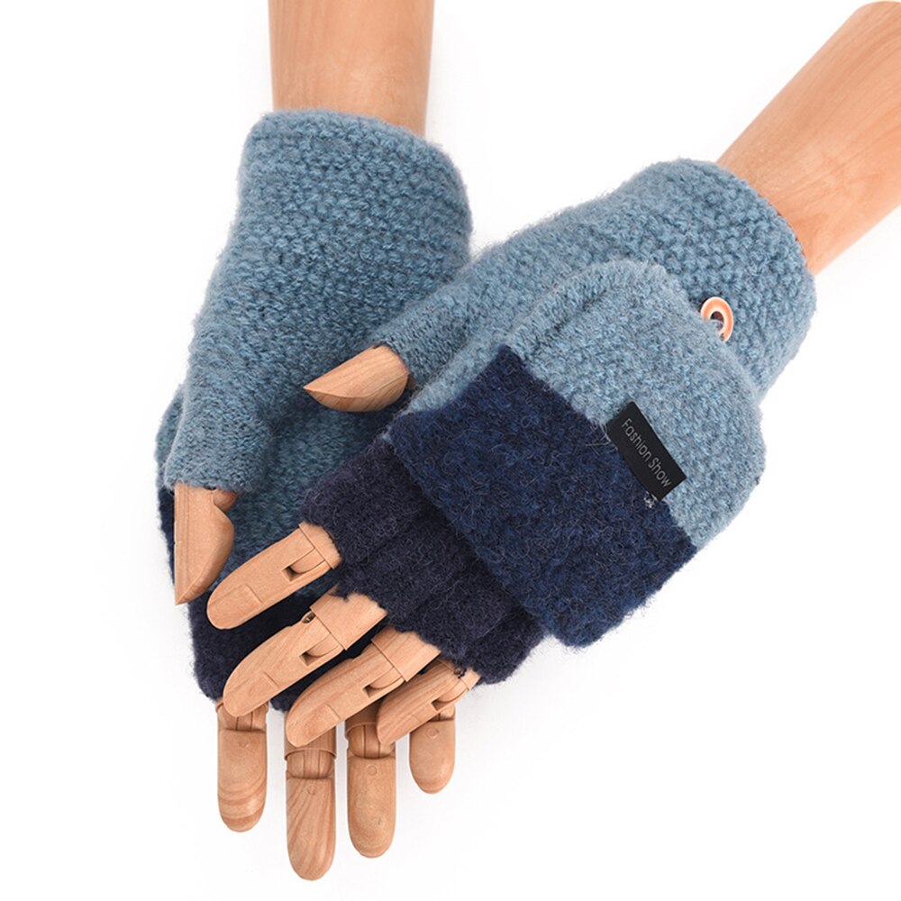 Mand bomuldsuld strikkede handsker fortykkelse patchwork flip fingerfri udsatte fingerhandsker mandlige halvfinger vinter varme vanter: Blå