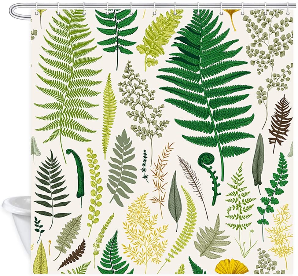 Groene Bladeren Douchegordijn Vintage Botanische Kleurrijke Varens Planten Beige Stof Bad Badkamer Gordijnen Set Met Haken